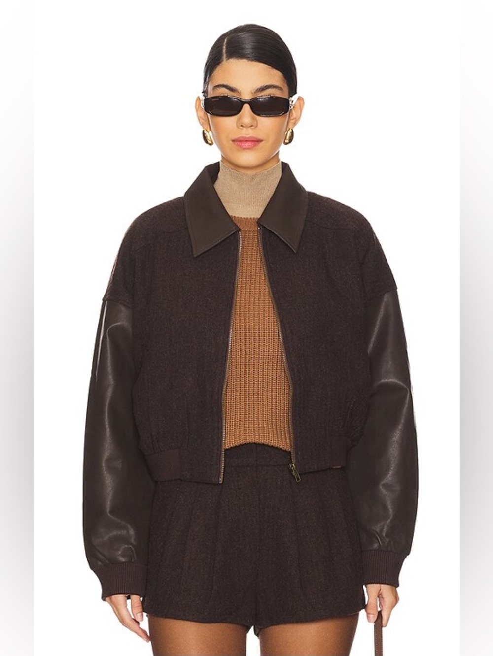 ASTR The Label Women’s S Sorine Jacket Mixed Media Cropped Bomber Jacket Brown